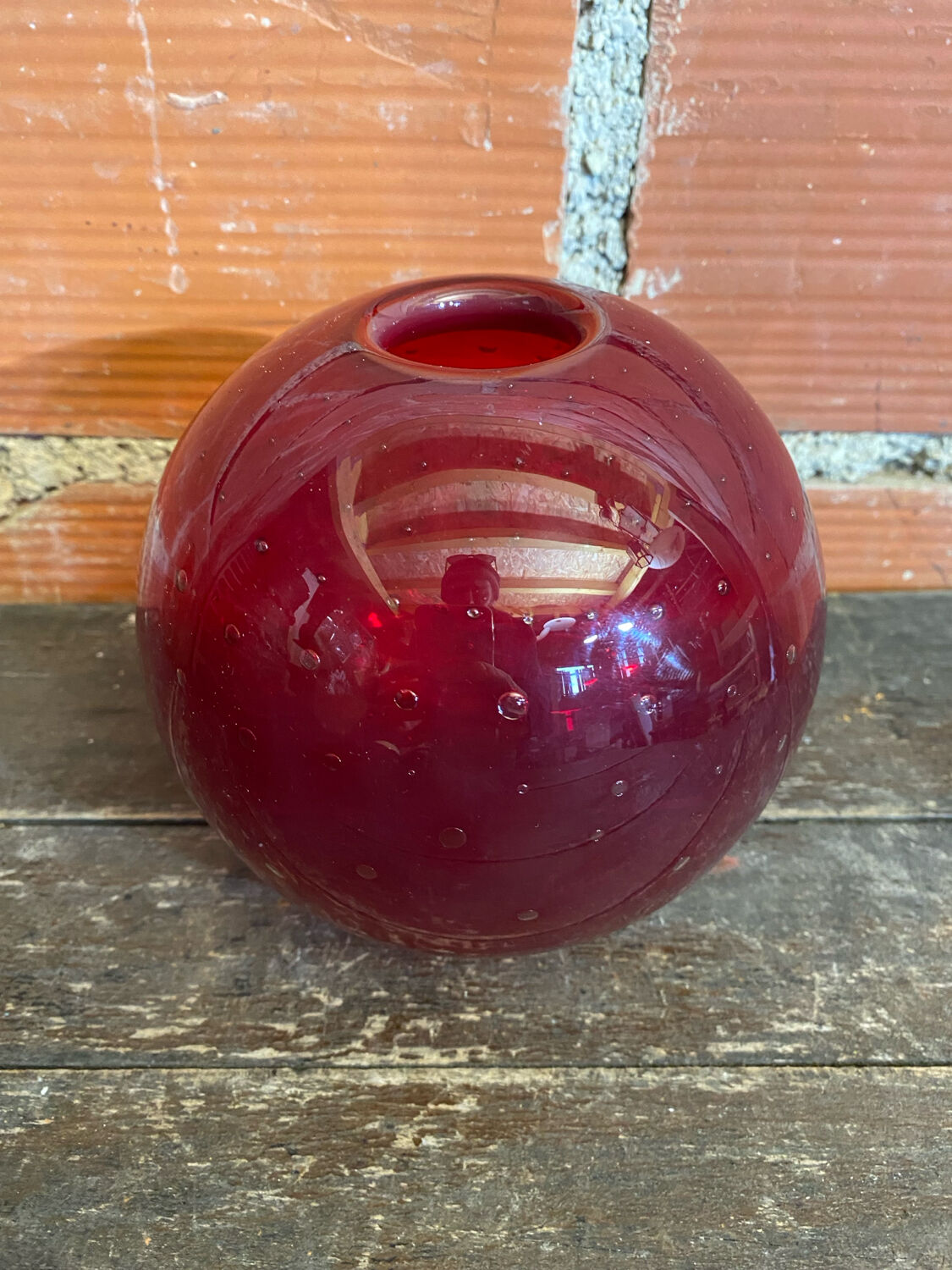 Vintage 1970s Murano Red Bubble Glass Ball Vase Soliflore