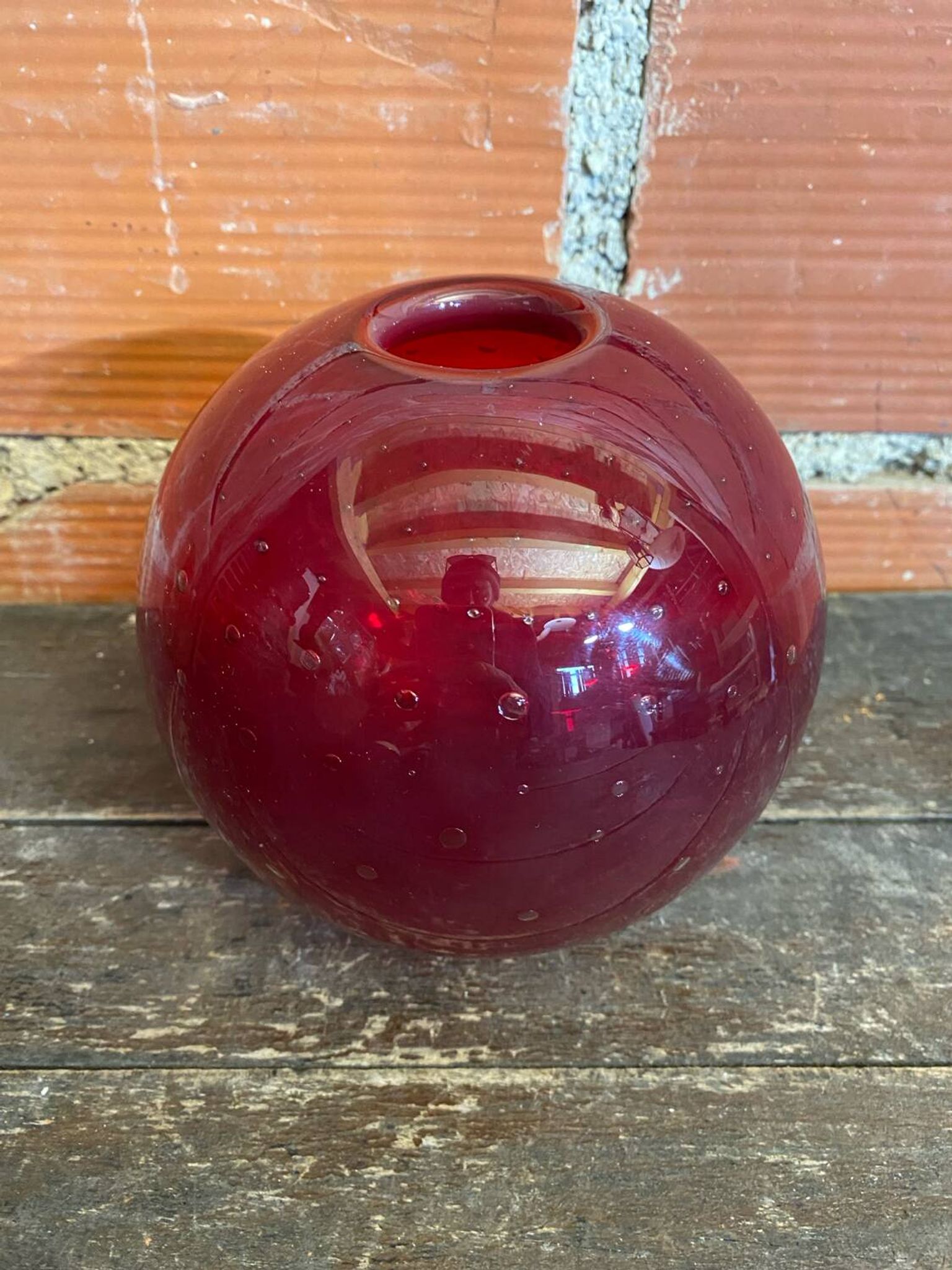 Vintage 1970s Murano Red Bubble Glass Ball Vase Soliflore