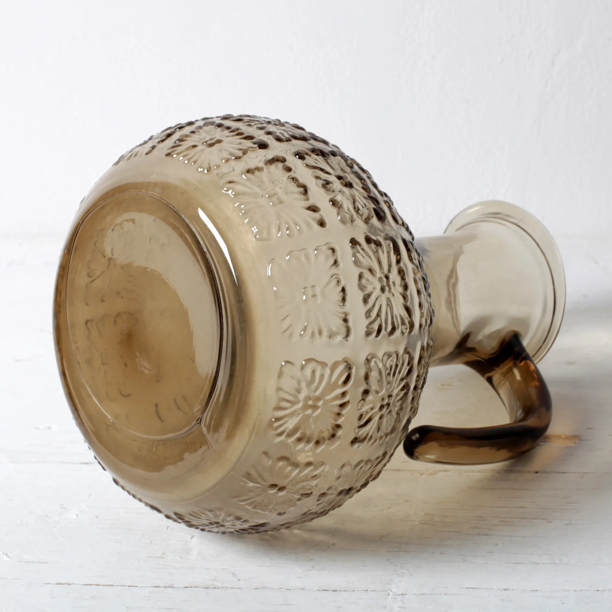Italian Smoked Glass Jug / Embossed Floral Brown Pitcher / Mid-century Jug