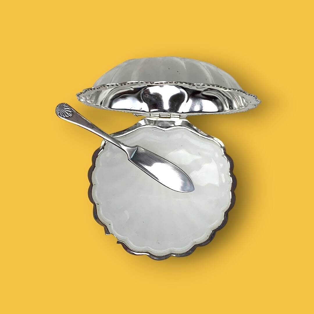 Vintage silver-plated metal and glass shell butter dish with knife