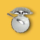 Vintage silver-plated metal and glass shell butter dish with knife