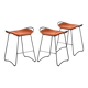 Set of 3 contemporary bar stools in black steel and natural leather.