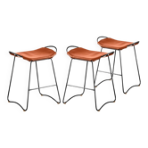 Set of 3 contemporary bar stools in black steel and natural leather.