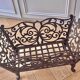 Wrought iron fire screen set with log basket, accessories.