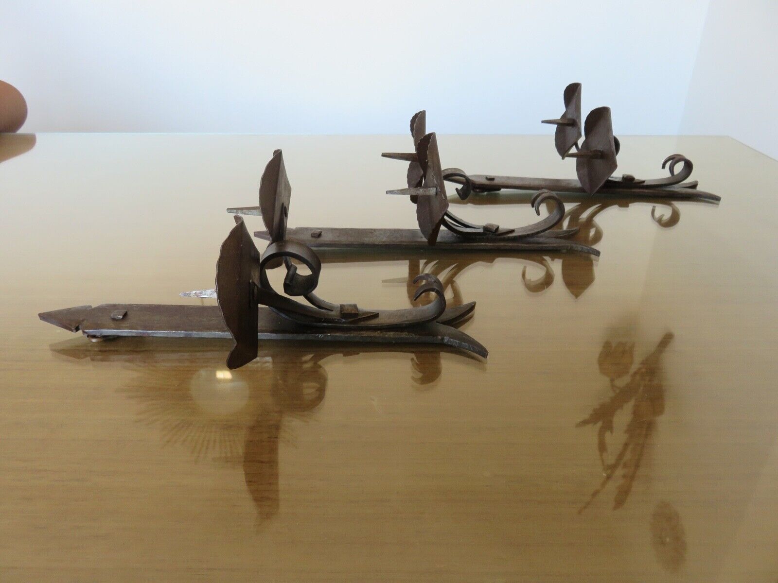 Series of 3 brutalist double wall candle holders in wrought iron beaten 40 years 50