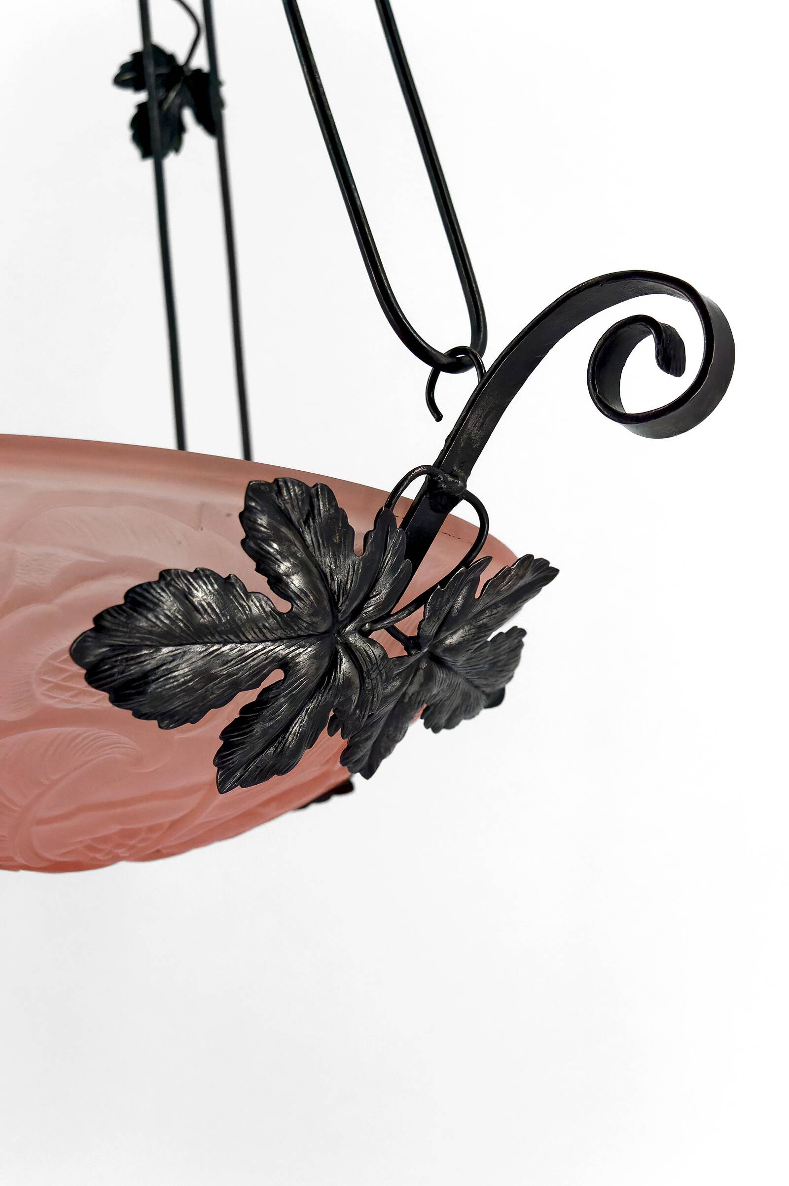 Wrought iron pendant light, pink bowl with floral decoration, Art Deco, Circa 1930