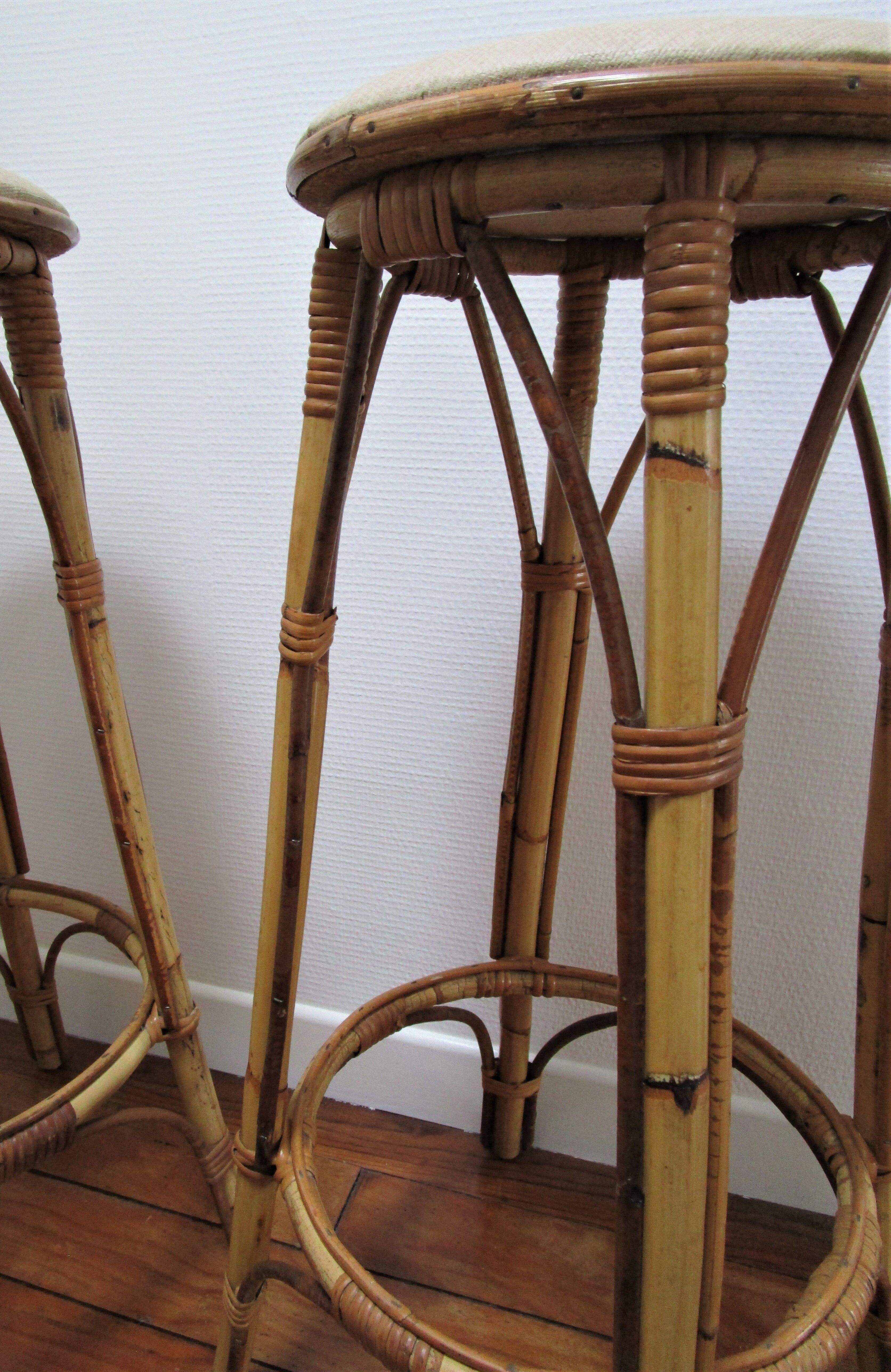 Pair of rattan bar stools and vintage bamboo
