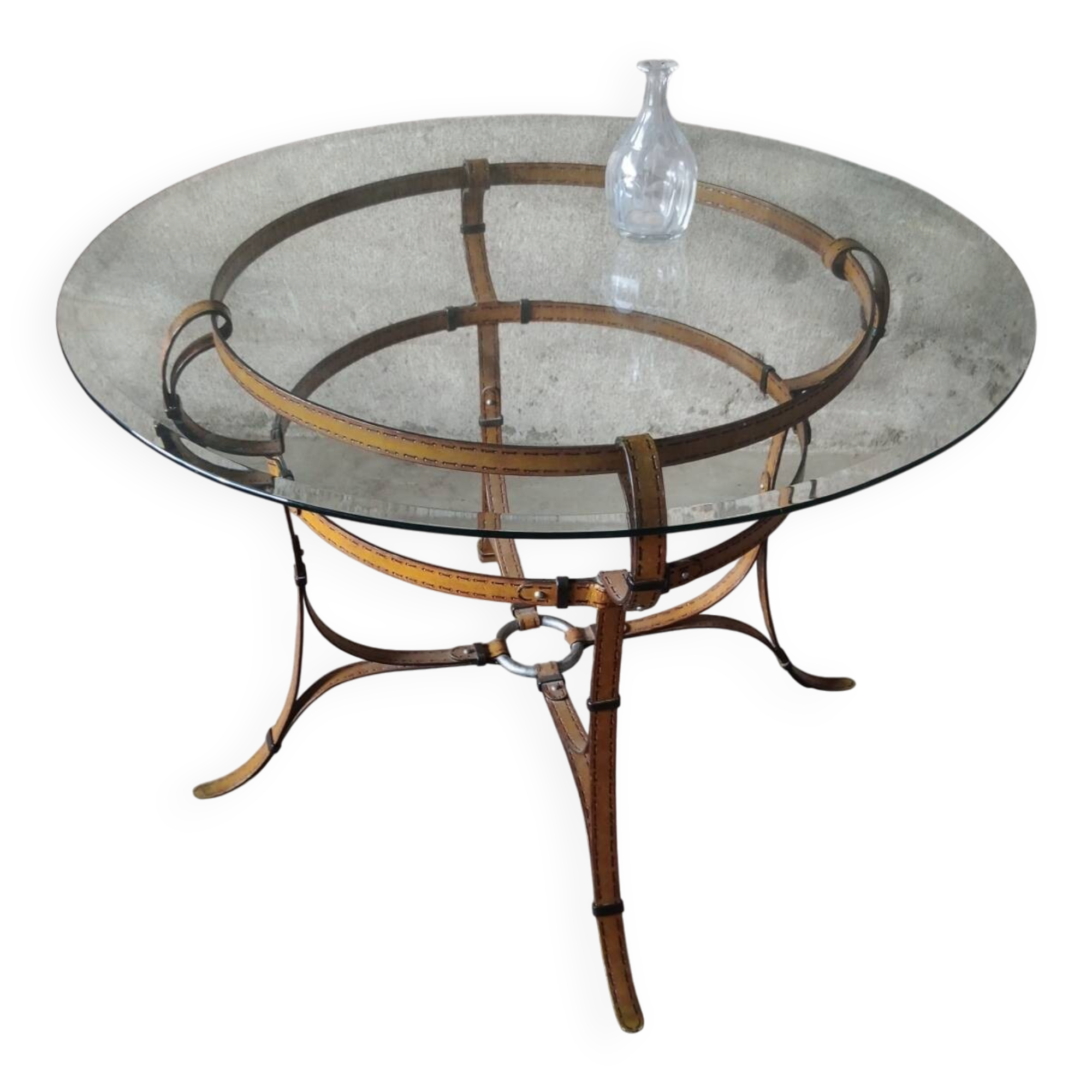 Table de salon en verre et métal esprit Hermès