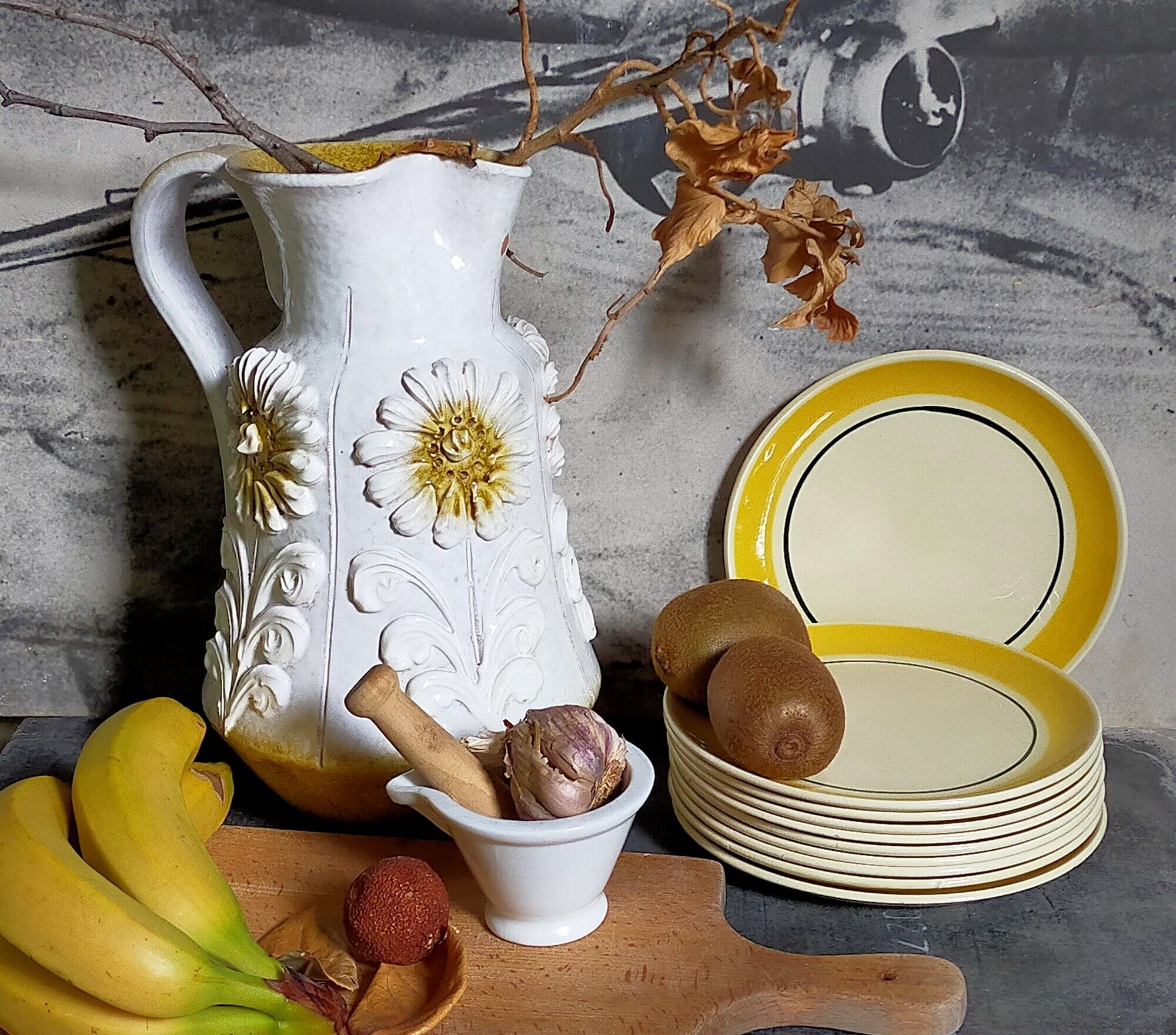 Ten dessert plates faience from gien creation primefleur, vintage "caroline" service