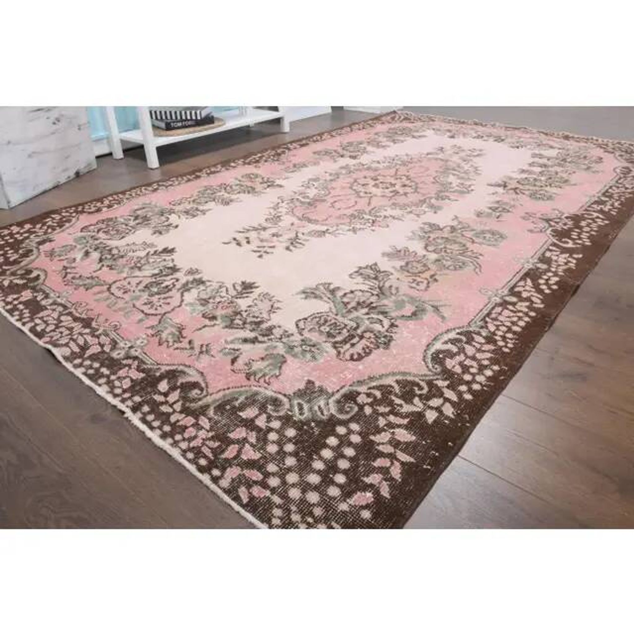 1970s Vintage Turkish Oushak Handmade Wool Cotton Pink Area Rug 173x293