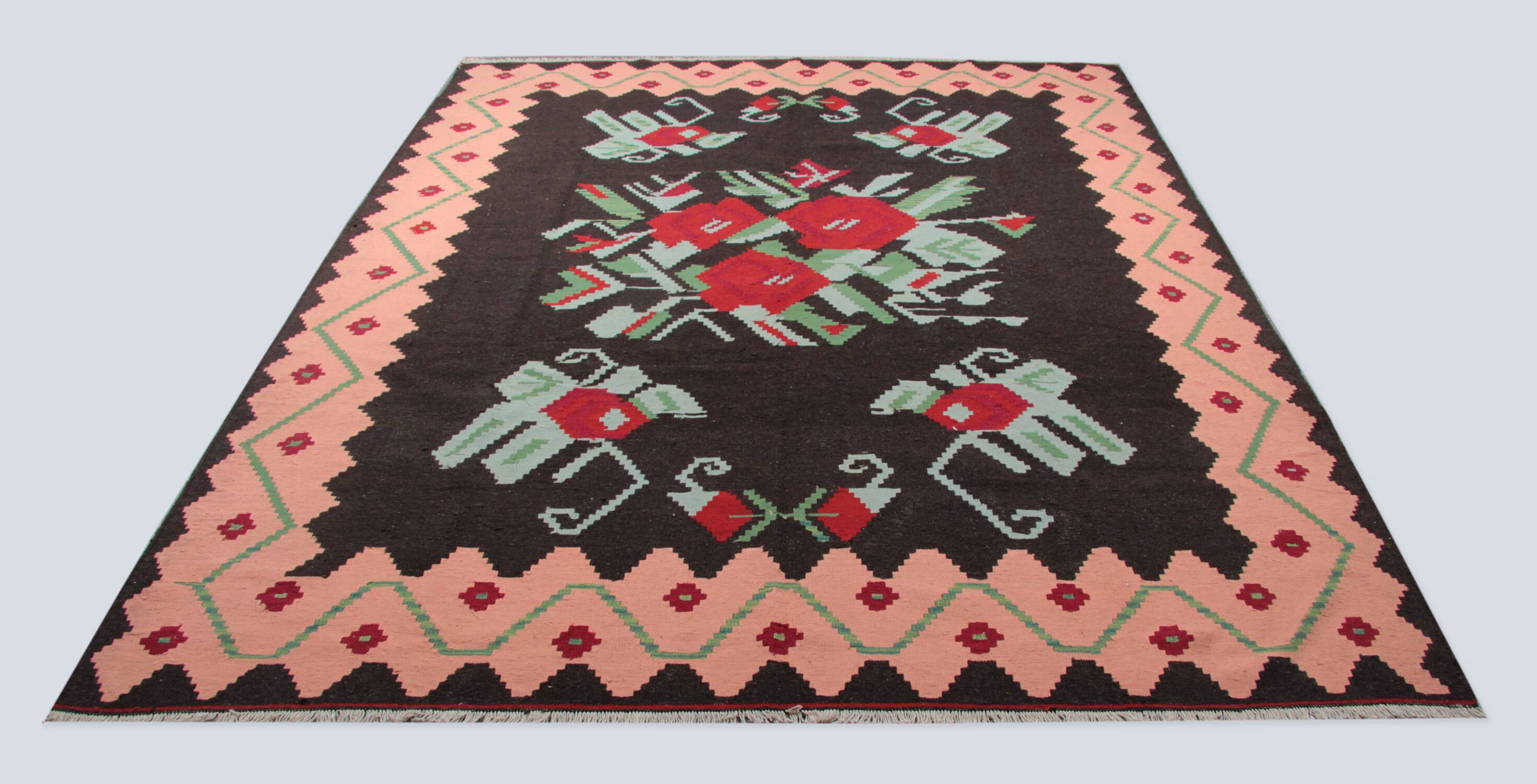 Tapis Kilim moldave en laine, grand motif floral tissé à plat, art populaire, 306 x 242 cm