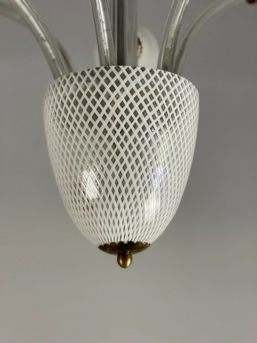 Venetian chandelier in colorless and white murano glass, venini circa 1940
