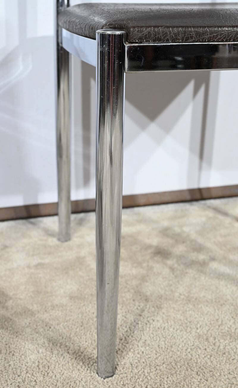 Suite of 3 Leather and Chrome Metal Chairs, attributed to Collomb Creation – 1970