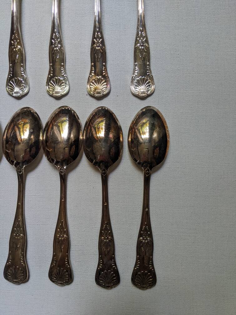 Set of 12 large silver metal spoons, stainless steel, shell