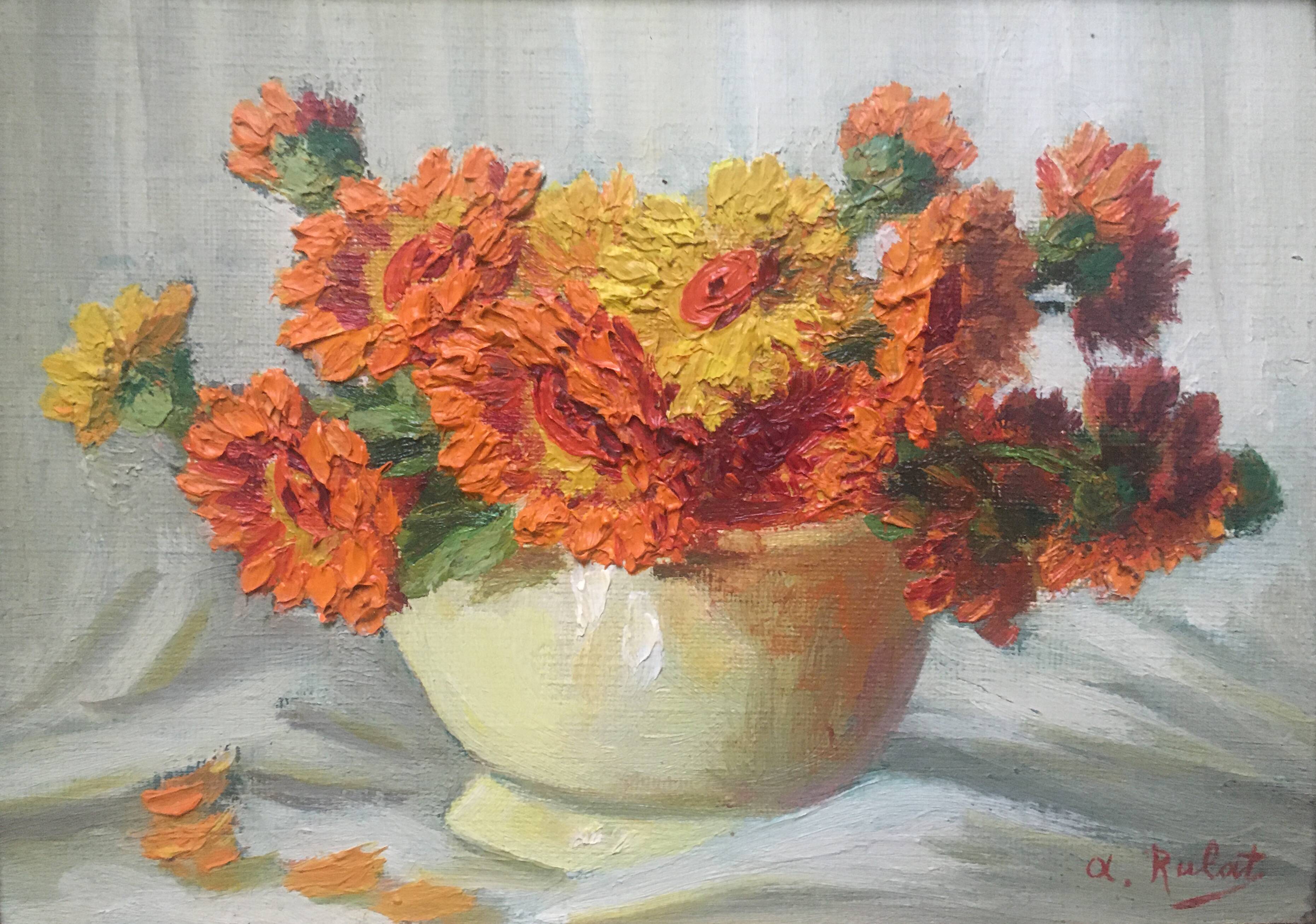 Painting "flower vase" circa 1950 HSP signed (to be deciphered) with frame