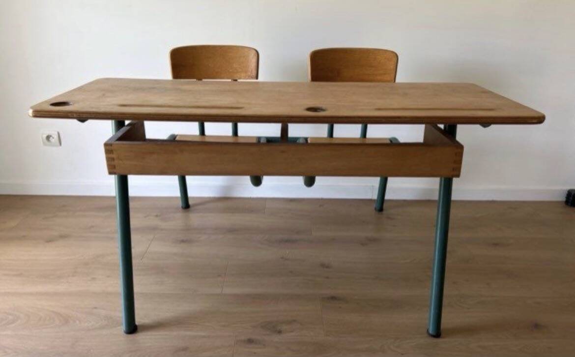 Vintage double school desk with 2 inkwells.