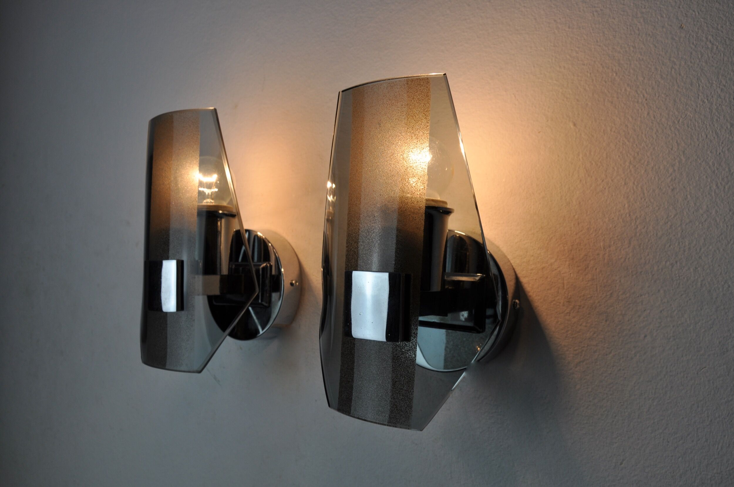 Pair of veca wall lamps, black murano glass, italy 1970
