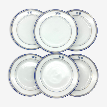 6 white and blue dessert plates with monogram BH