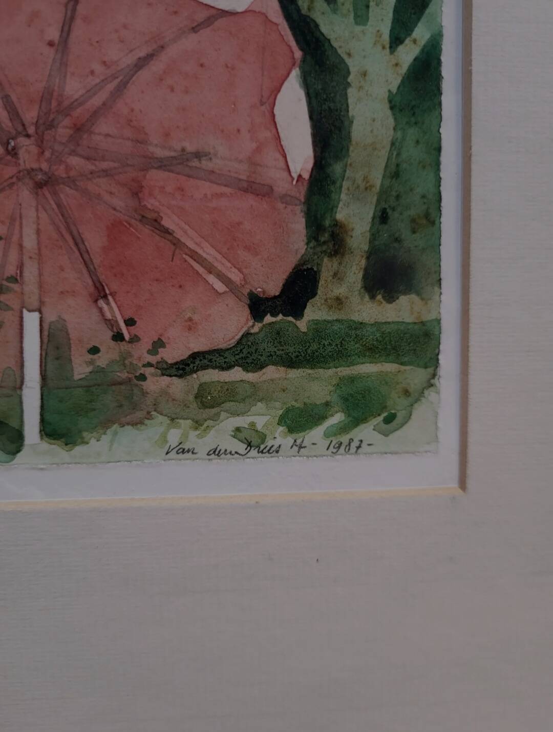 Aquarel of schilderijtje, “Parasol”, M. Van den Dries, 1987