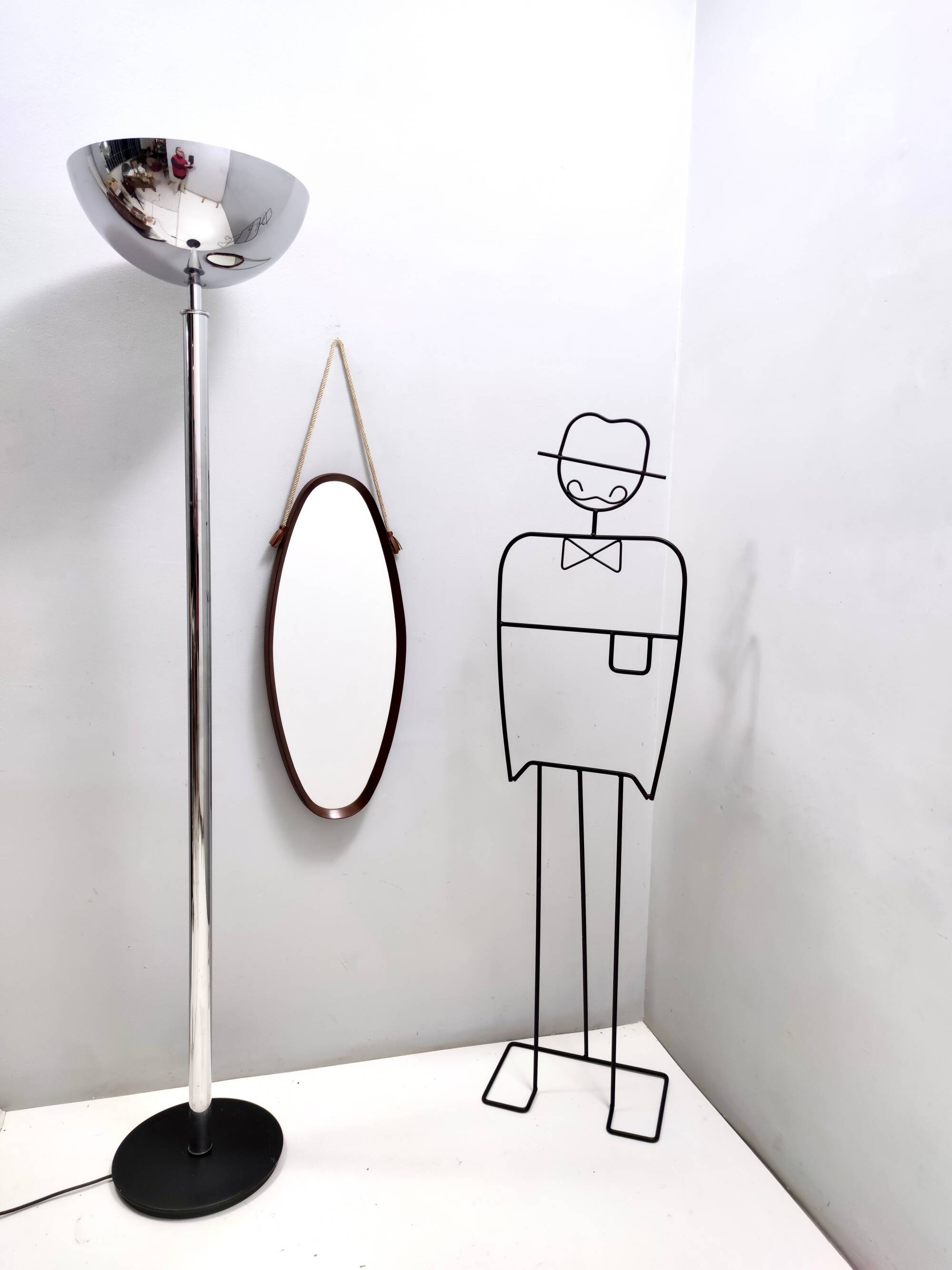 Oval Wall Mirror with Ebonized Beech Frame and a Nylon Rope, Italy