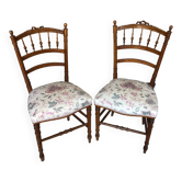 Pair of carved wood chair & seat fabric art nouveau vintage #a194