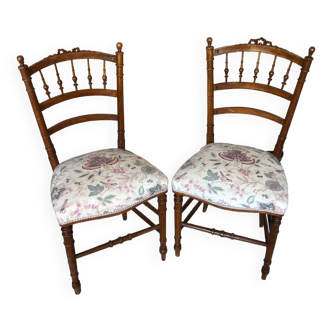 Pair of carved wood chair & seat fabric art nouveau vintage #a194