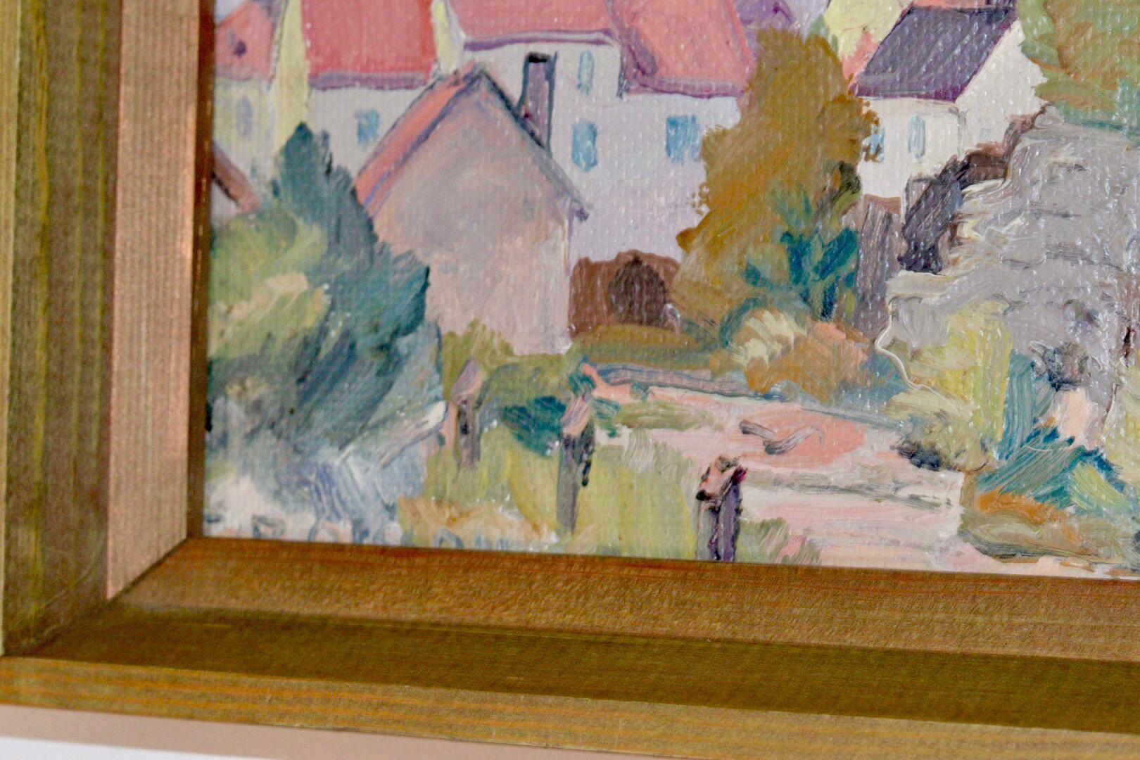 Huile sur panneau suédoise originale du milieu du siècle « Visby City » par ER.OLSSON