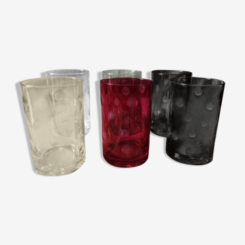 6 small multi-color smoked pea glasses