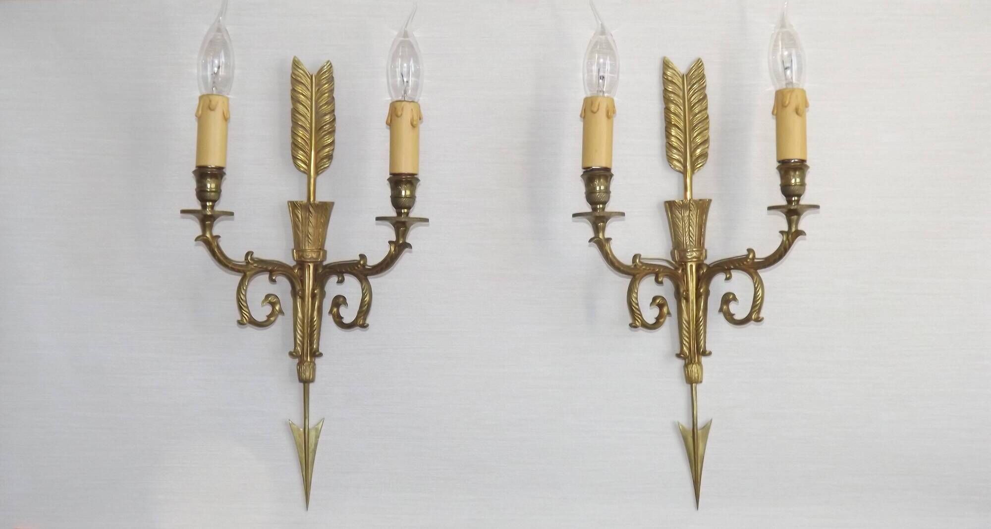 Vintage French Empire Arrow & Quiver Eagle Head Bronze Double Wall Sconces
