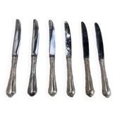 Set of six knives in stainless steel and silver metal, hallmark 42, carved foliage and shell