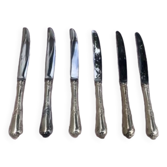 Set of six knives in stainless steel and silver metal, hallmark 42, carved foliage and shell