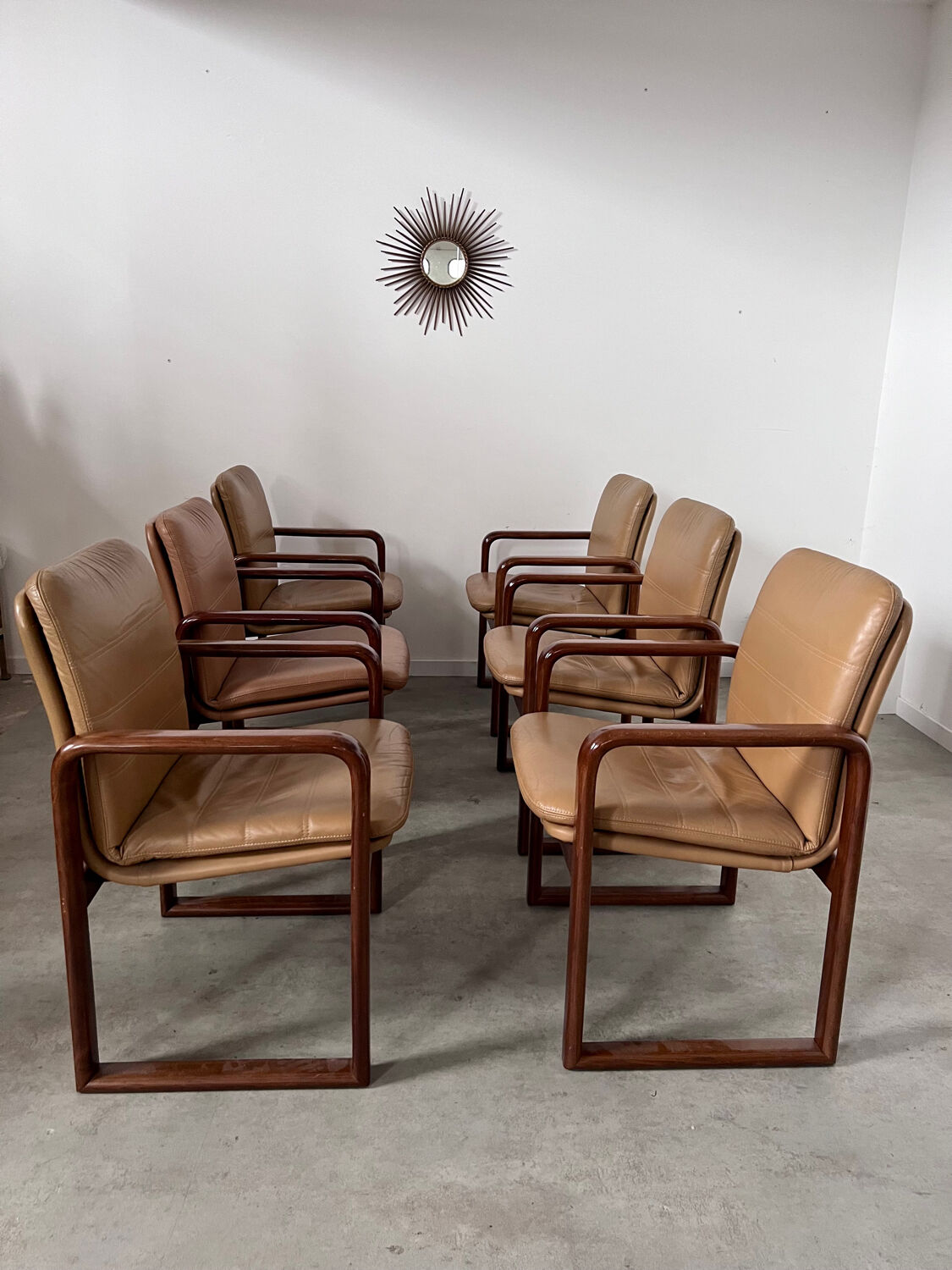 Lot 6 chairs armrests vintage 70s Scandinavian design leather and wood