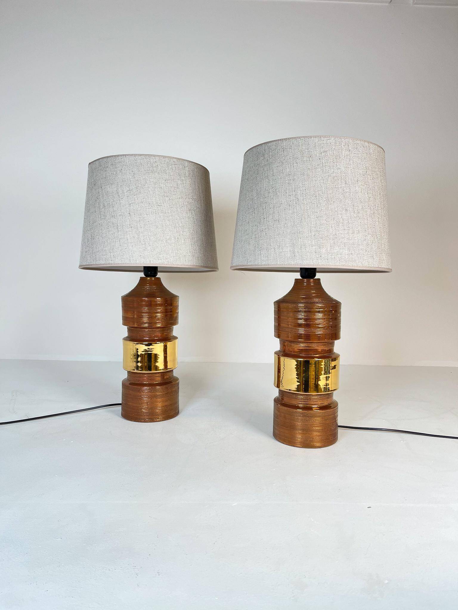 Pair of Bergboms Bitossi brass table lamps, large mid-century, 1960s, Sweden.