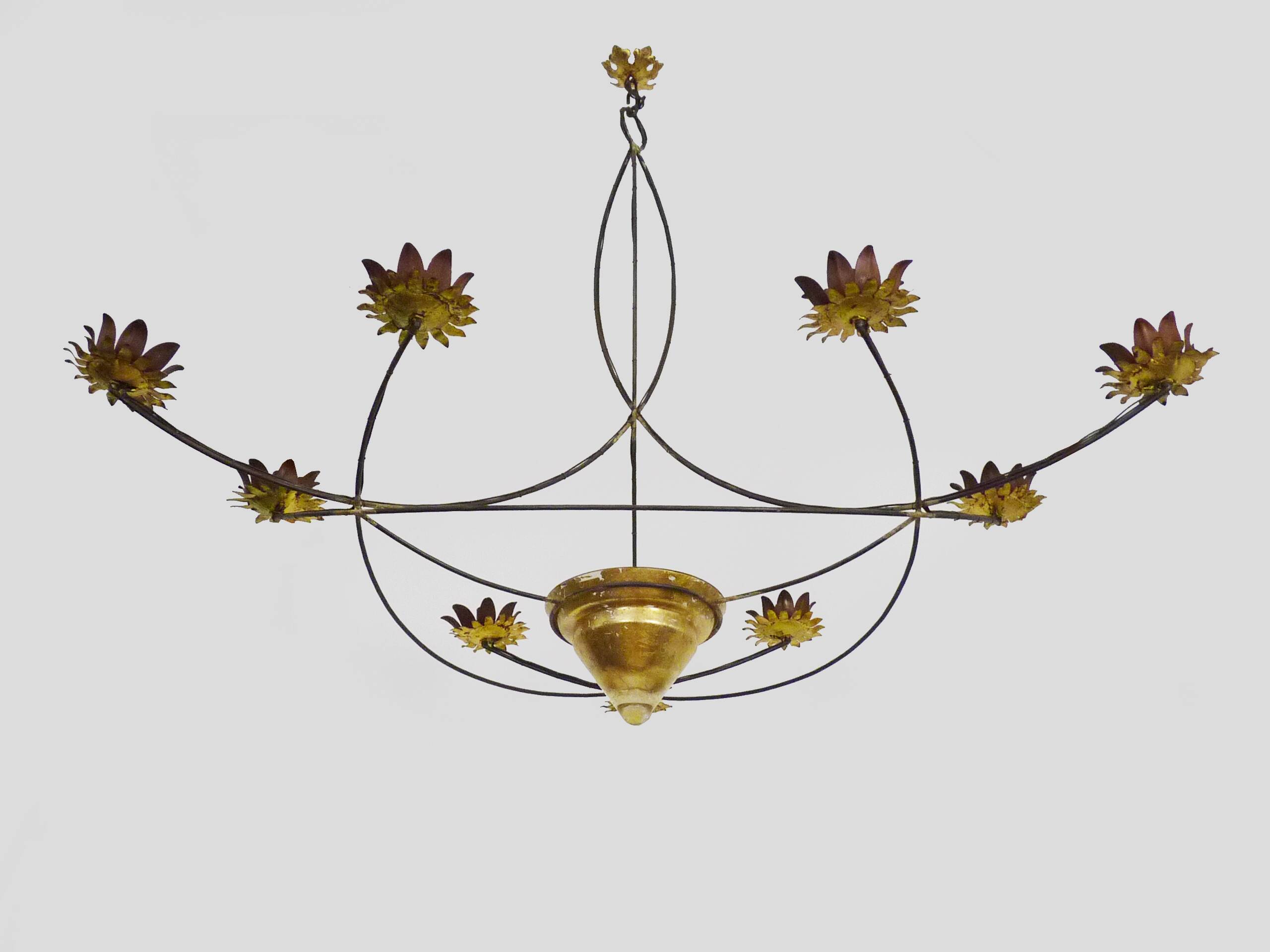Very large chandelier with 9 metal bulbs and gold leaf cup
