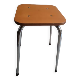 Chromed metal stool seat skaï brown