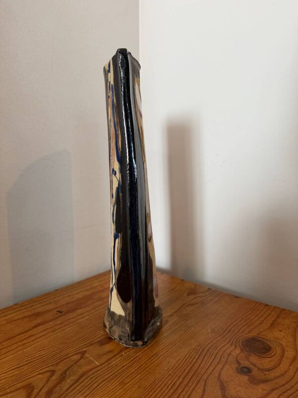 Grand vase design en céramique émaillée signé peint à la main vintage