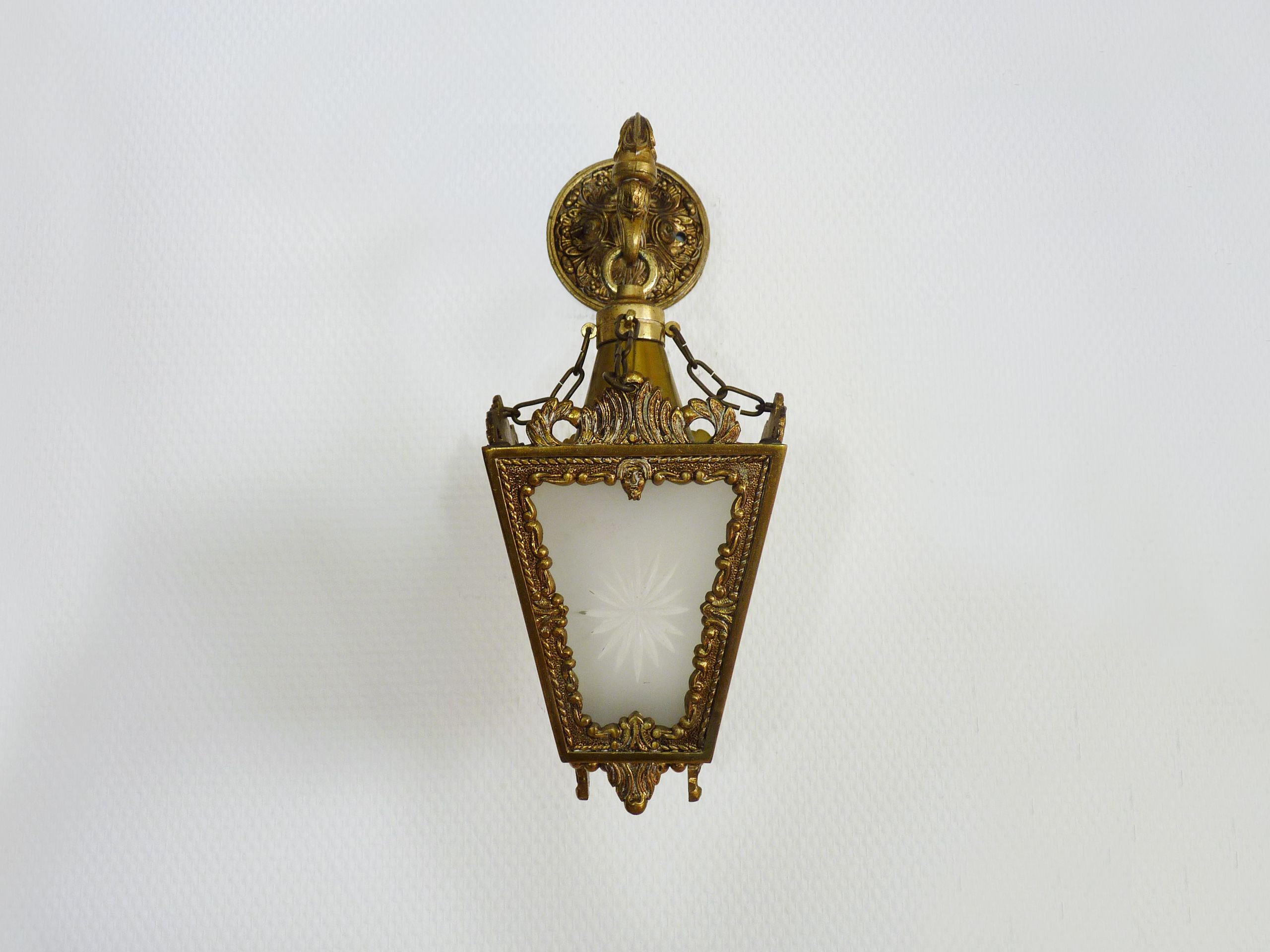 Bronze lantern wall sconce with 4 sides engraved glass