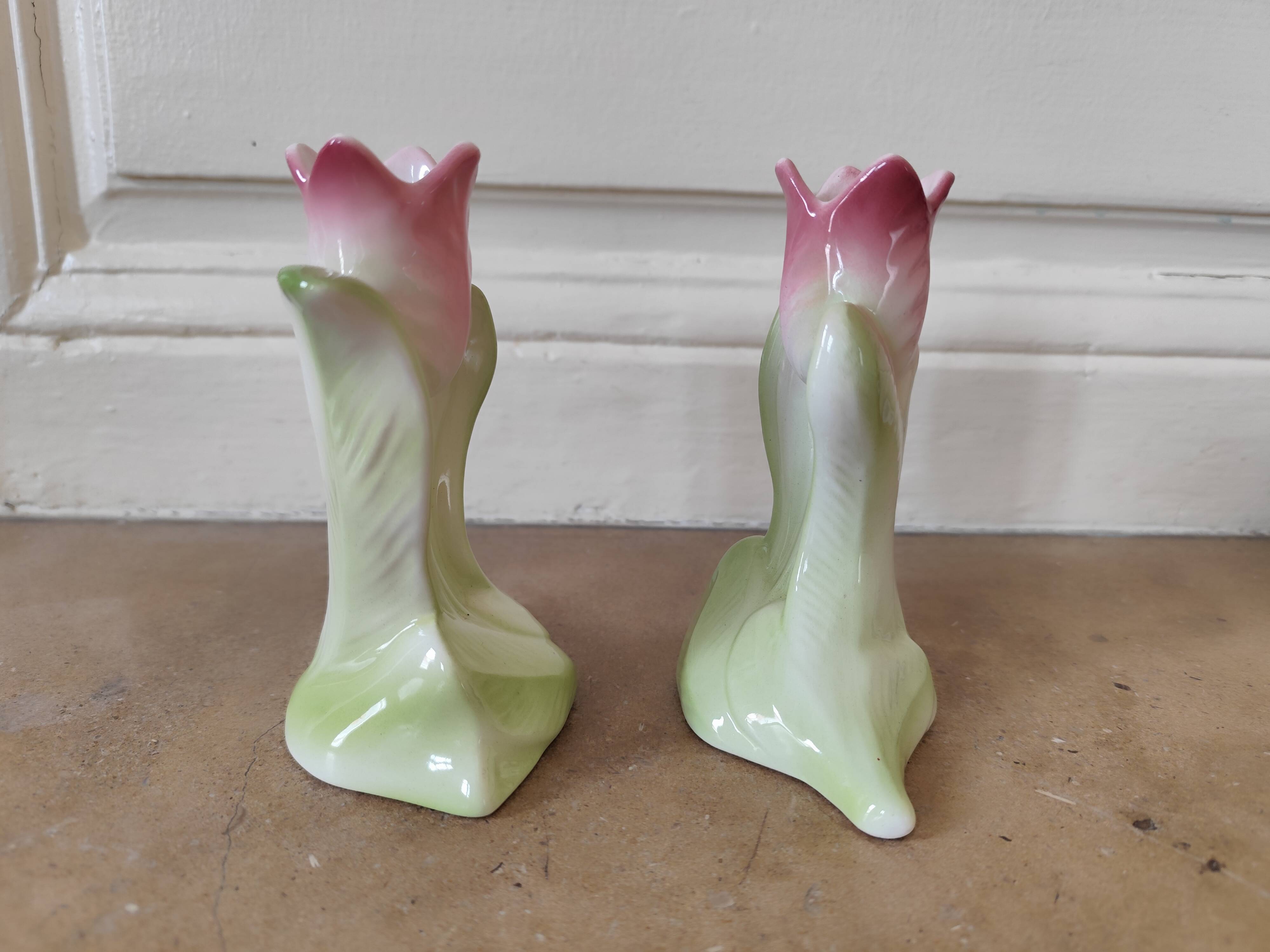 Paire vases soliflore art deco barbotine tulipe