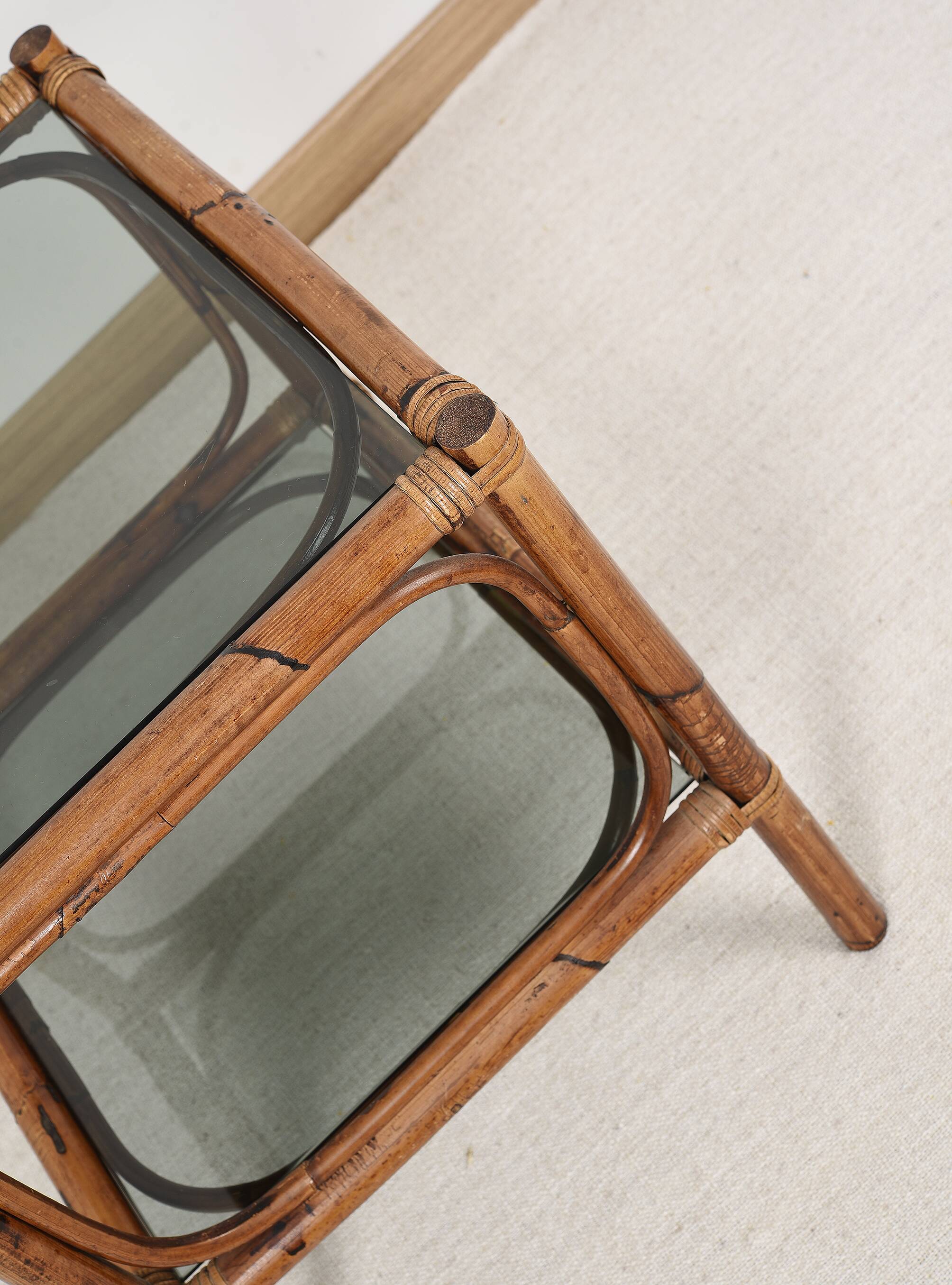 Bedside table or coffee table in bamboo and smoked glass, double top, 70s