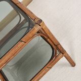 Bedside table or coffee table in bamboo and smoked glass, double top, 70s