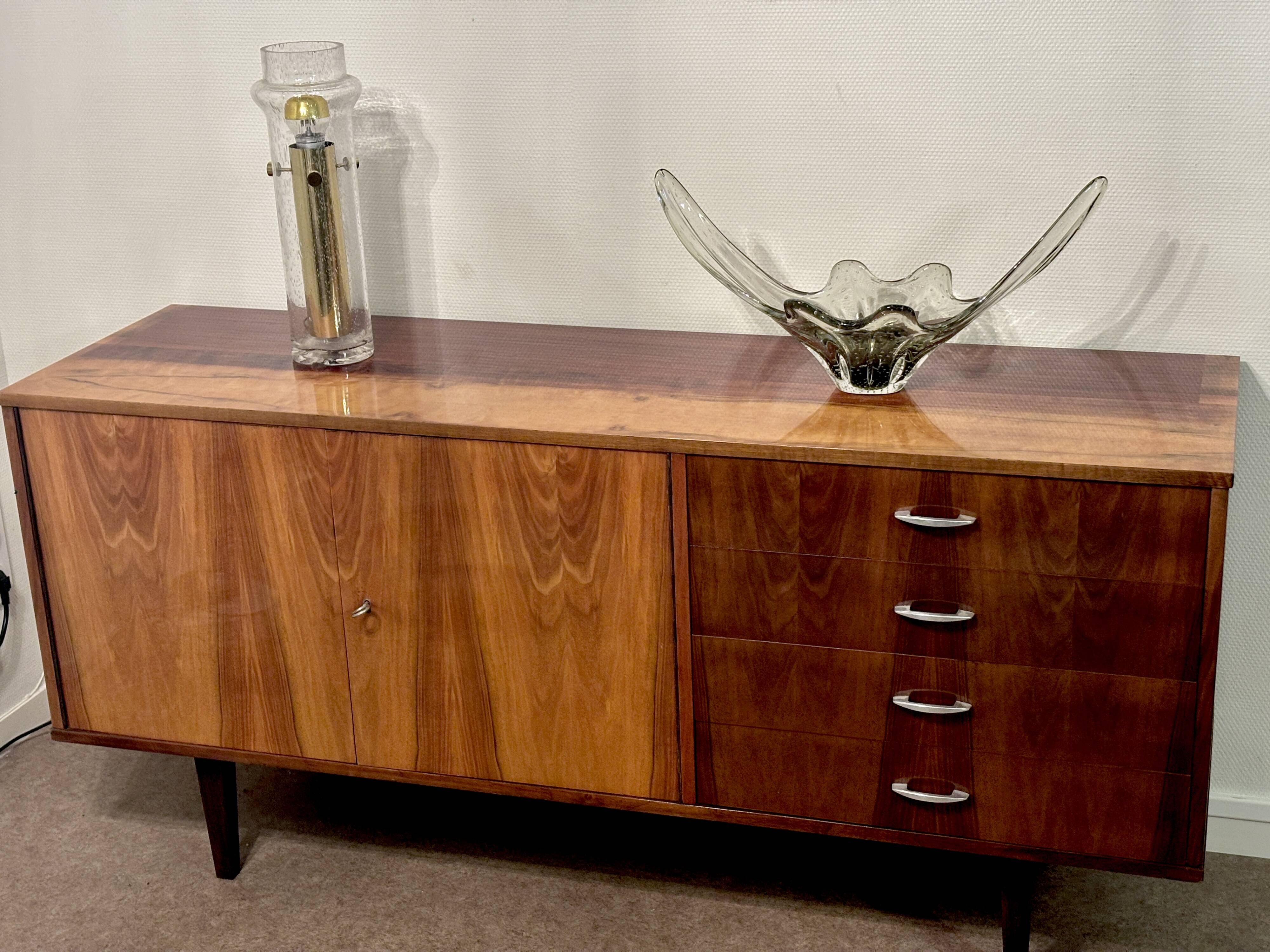Vintage Polish buffet in flamed walnut – Mid-Century design from the 1960s