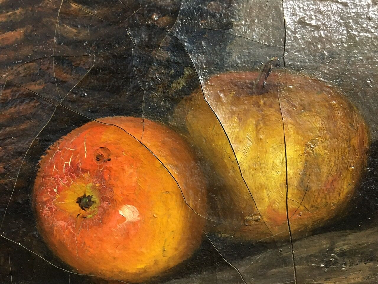 Table still life with apples and basket, signed at the beginning of the 20th century