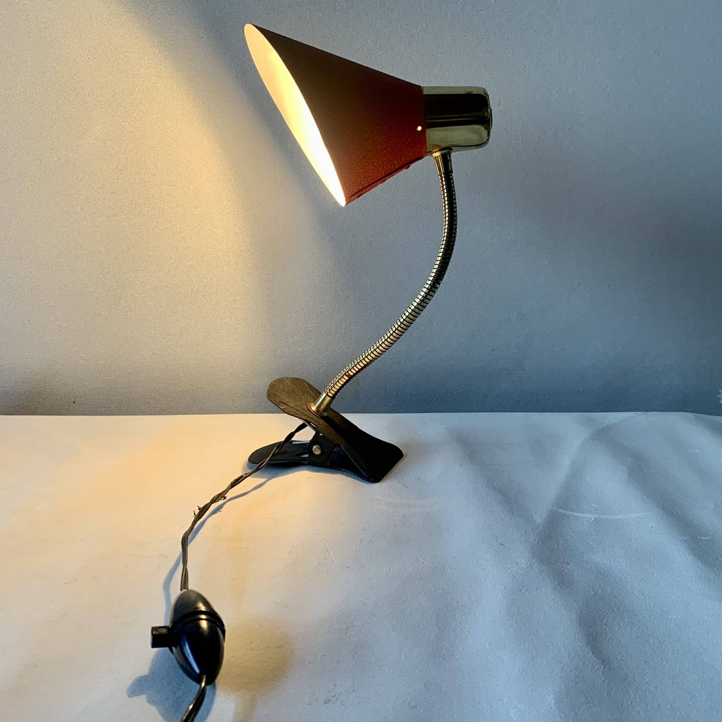 Brass and red painted metal clamp desk lamp - 1950s