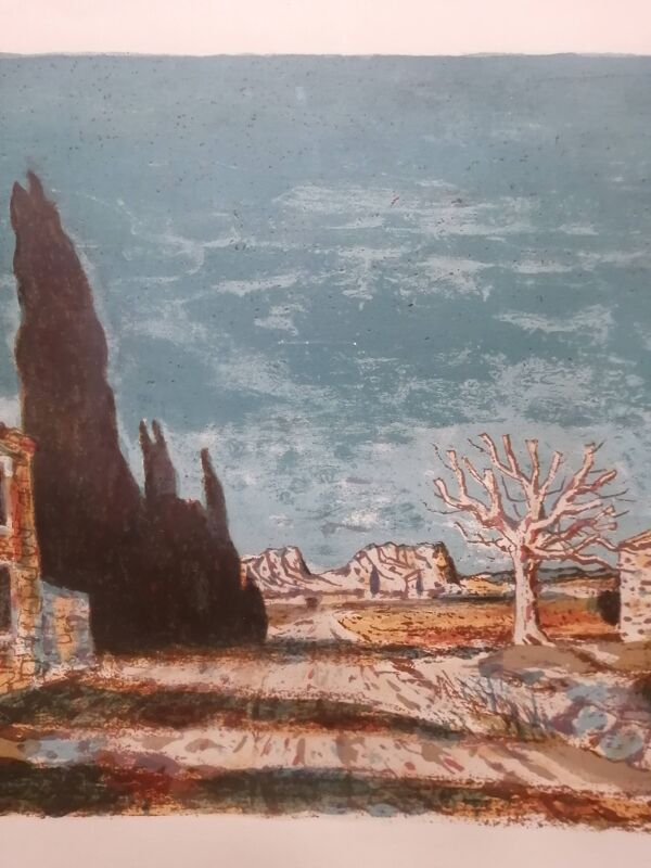 Lithographie signée Roland Oudot – La route de Saint-Rémy-de-Provence