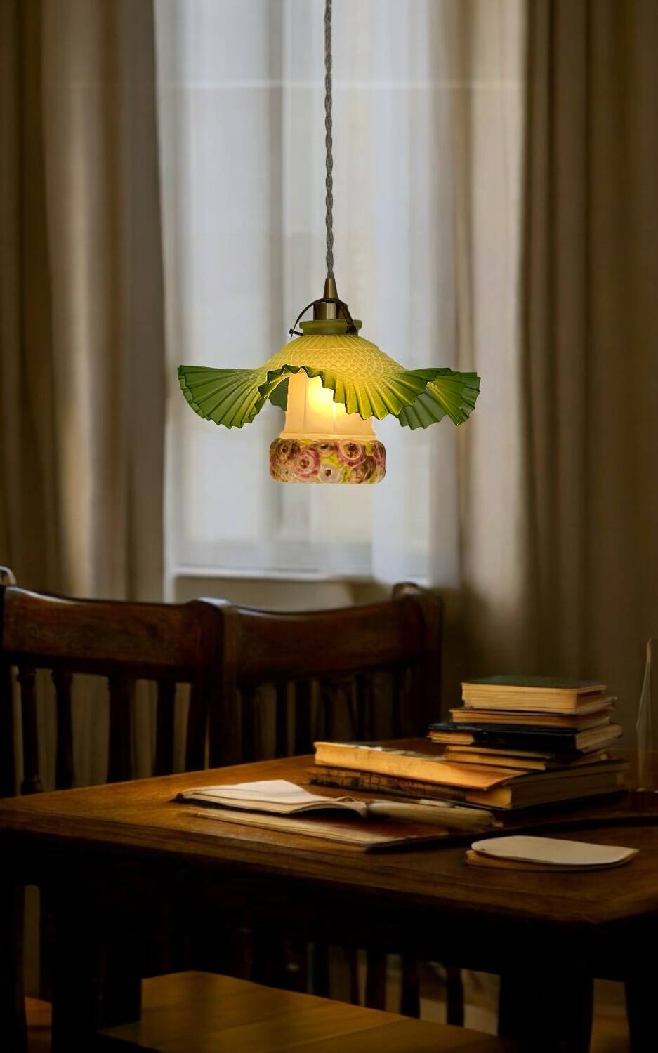 Opaline pleated suspension and tulip with Art Deco floral patterns.