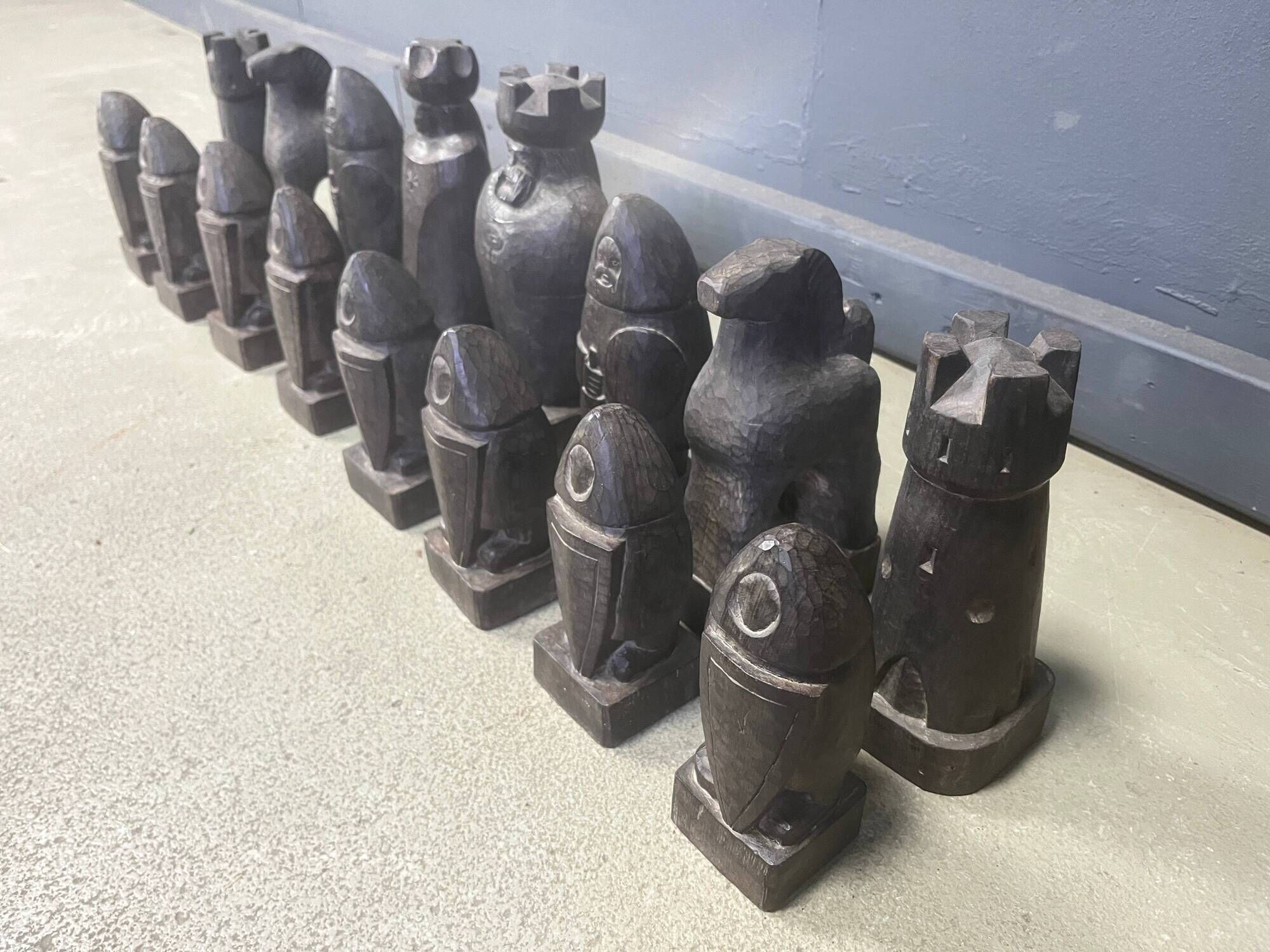 Large hand crafted wooden chess figure set, 1960s