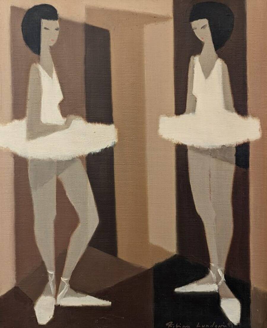 Mid-Century Modern Swedish "Modernist Ballerinas" Vintage Figurative Oil Painting by Fabian Lundqvis
