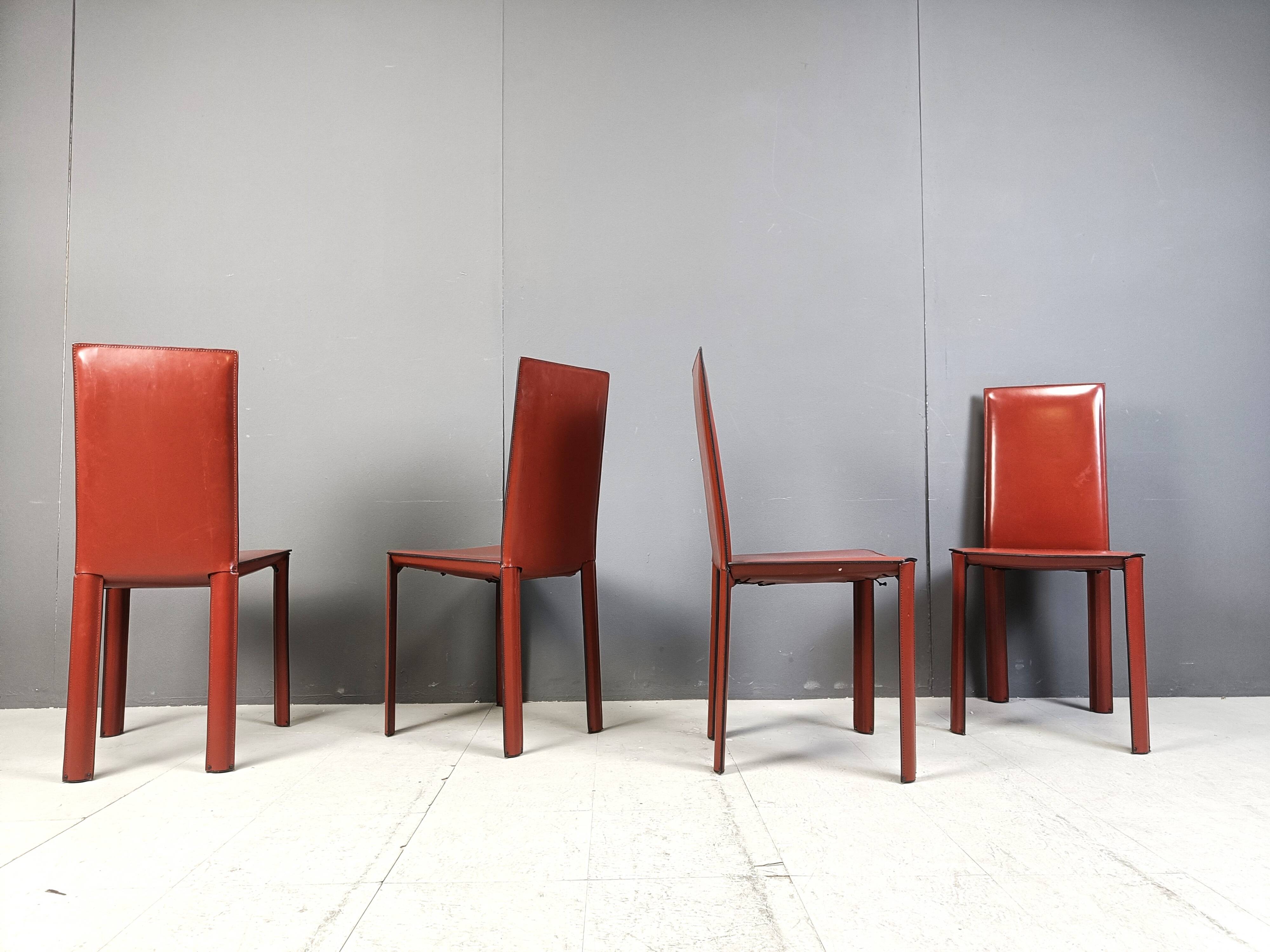 Red leather dining chairs by De Couro Brazil, 1980s - set of 4