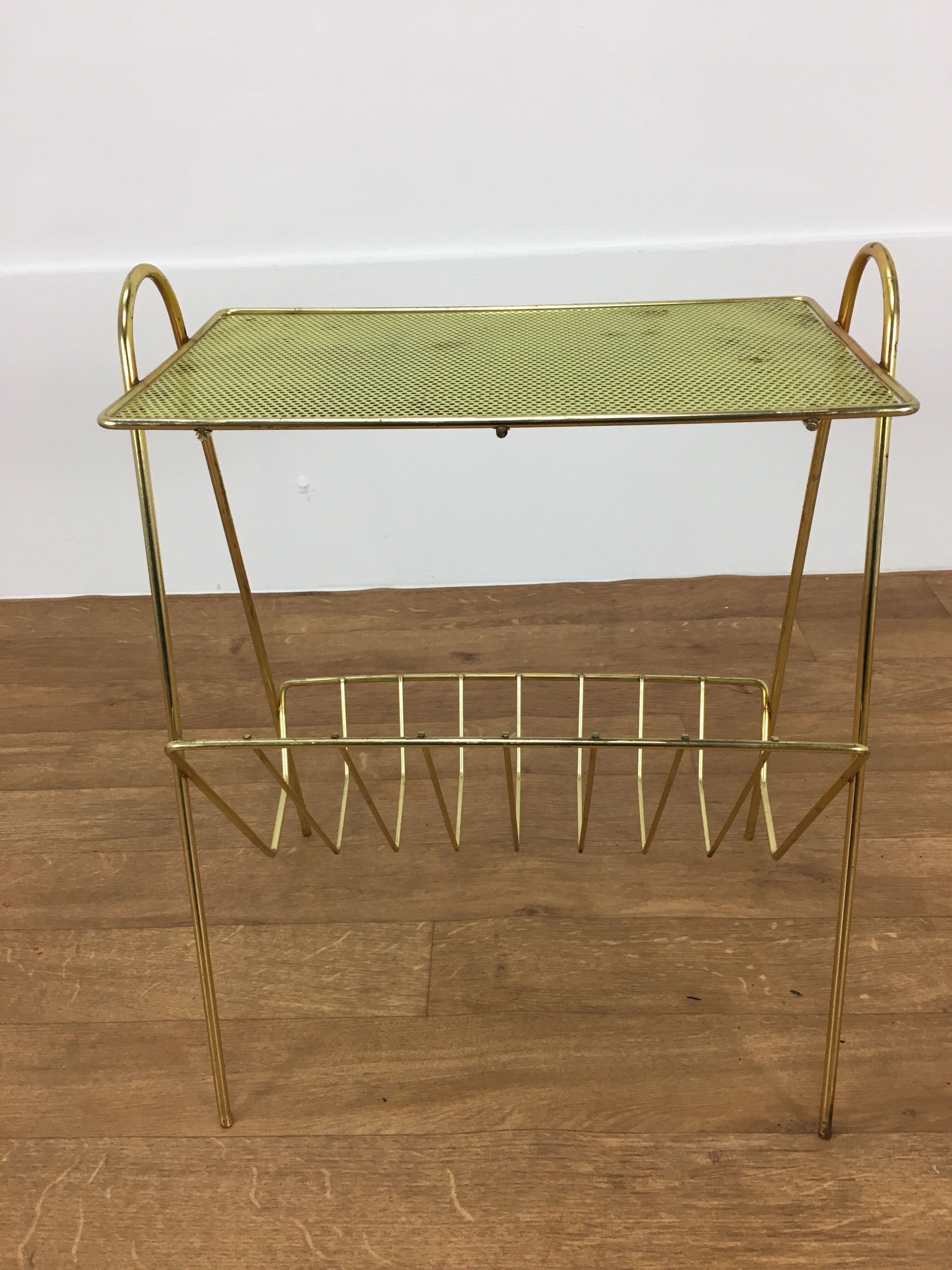 Vinyl magazine holder side table, perforated sheet metal, 50s