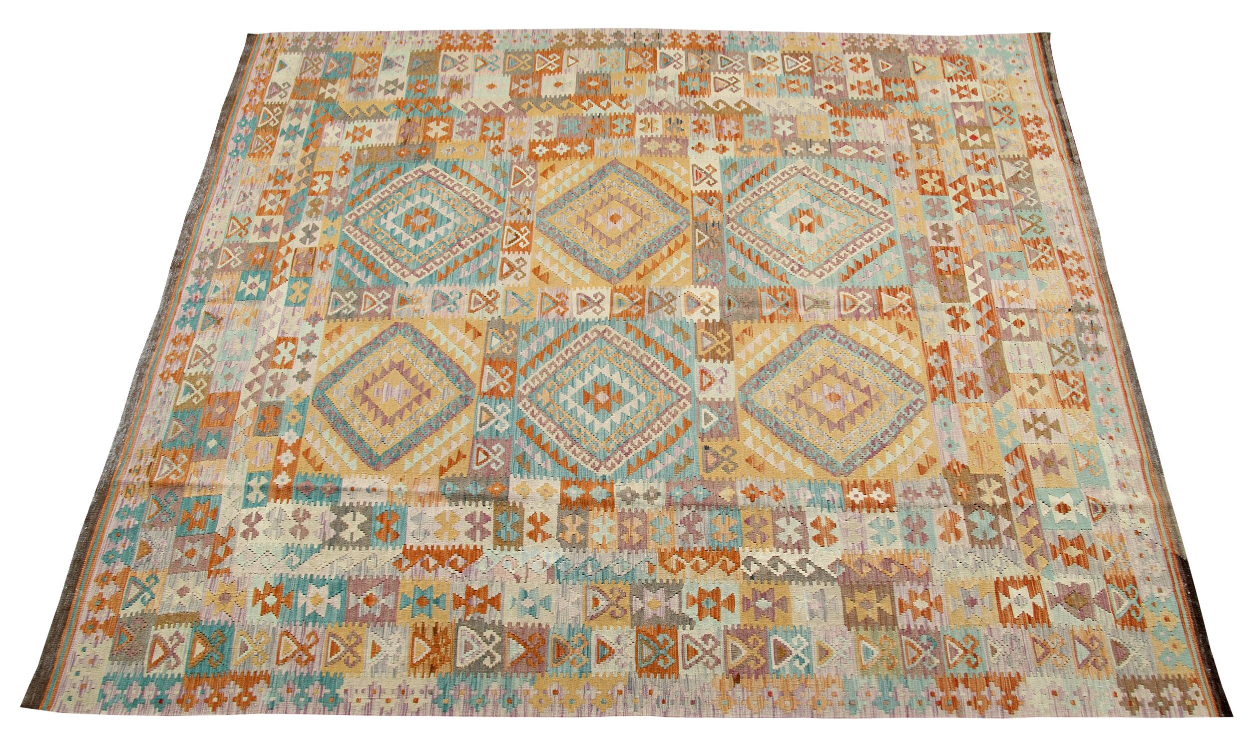 Handmade Grey Large  Kilim Rug, Geometric Flatweave Wool Carpet 294x218 cm